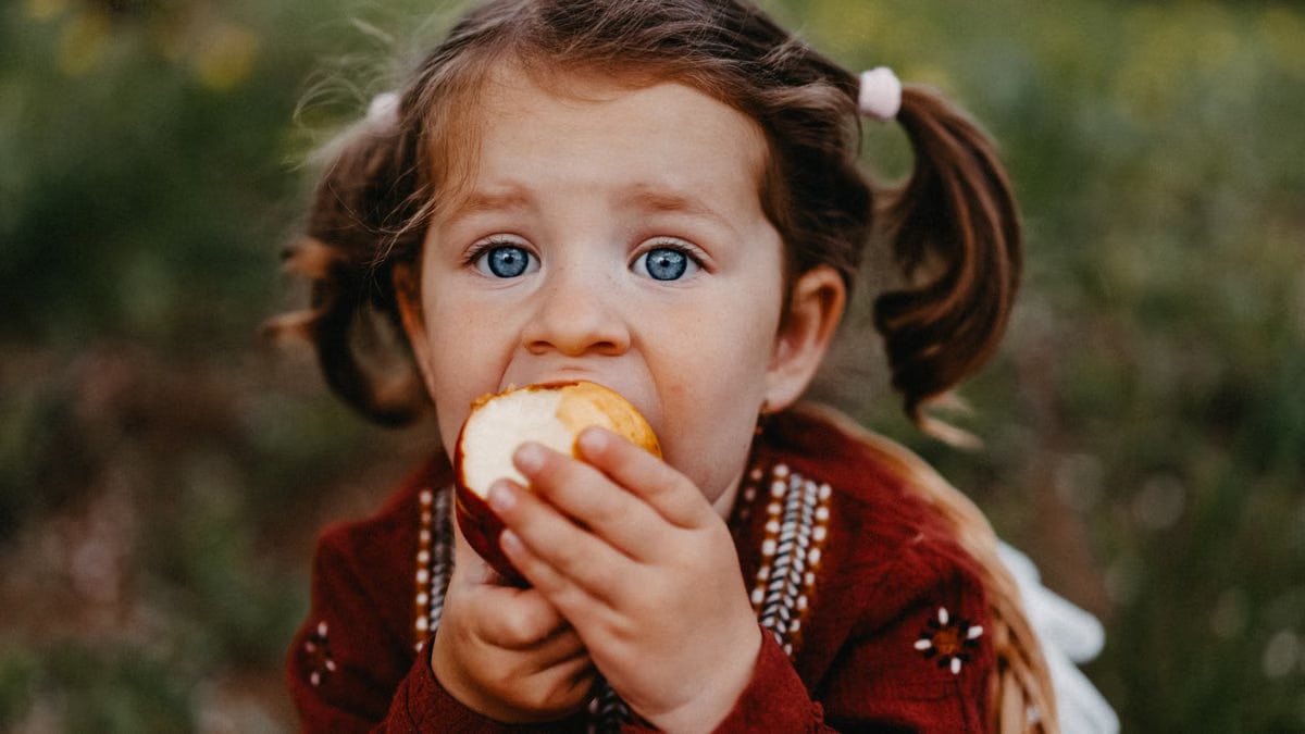 A young girl with ponytails enjoying an apple in a nature setting, captured in warm fall tones.